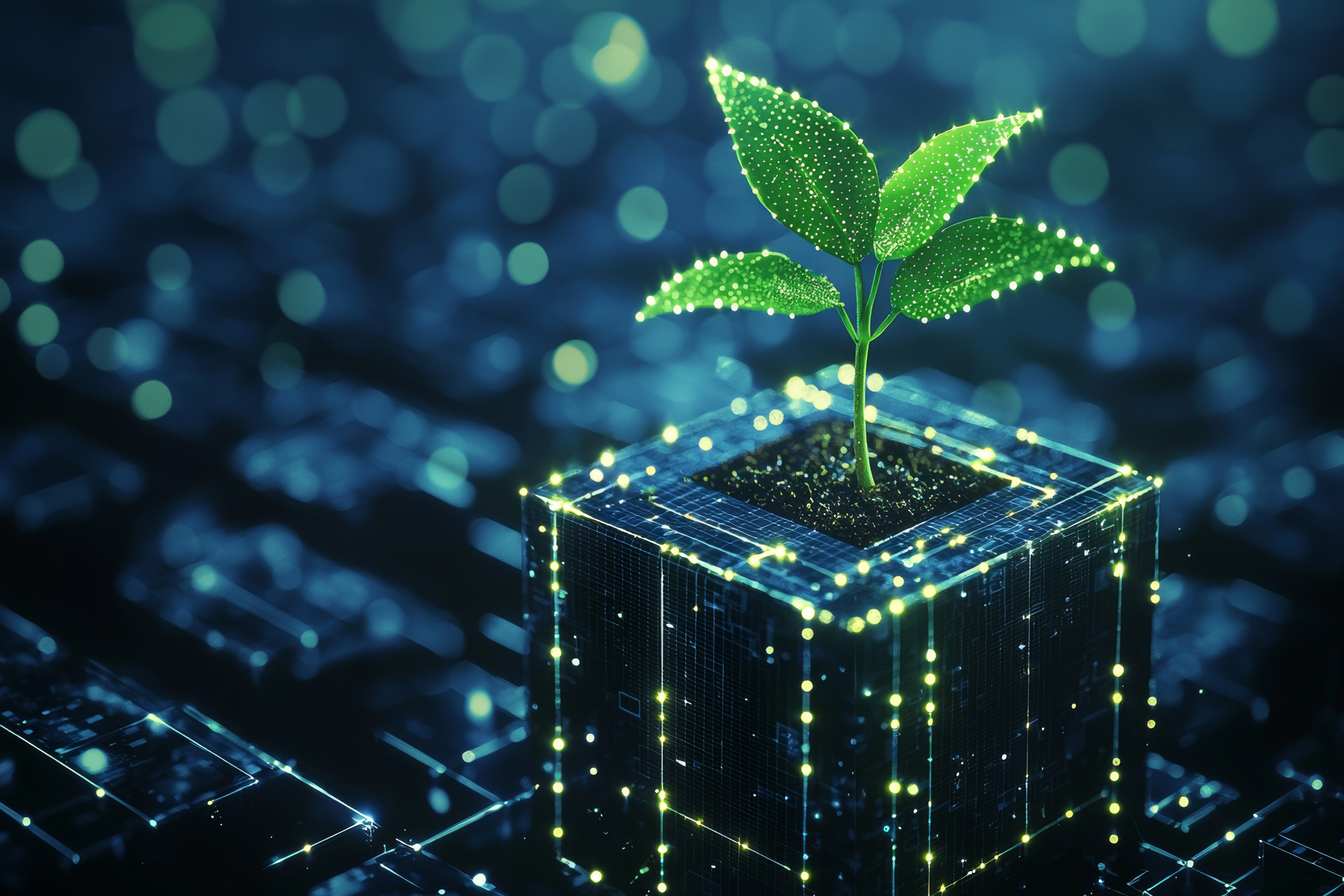 Seedling growing from a glowing tech cube — symbolizes culturally-aware AI growth